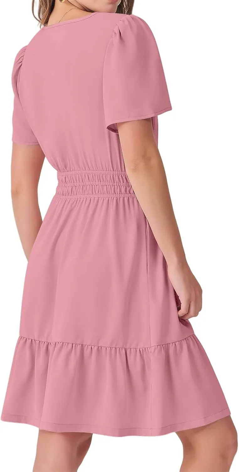 Casual Summer Dresses for Women 2025 Short Sleeve V Neck Beach Mini A-Line Ruffle Flowy Dress Dressy Work Sundress