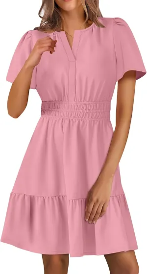Casual Summer Dresses for Women 2025 Short Sleeve V Neck Beach Mini A-Line Ruffle Flowy Dress Dressy Work Sundress