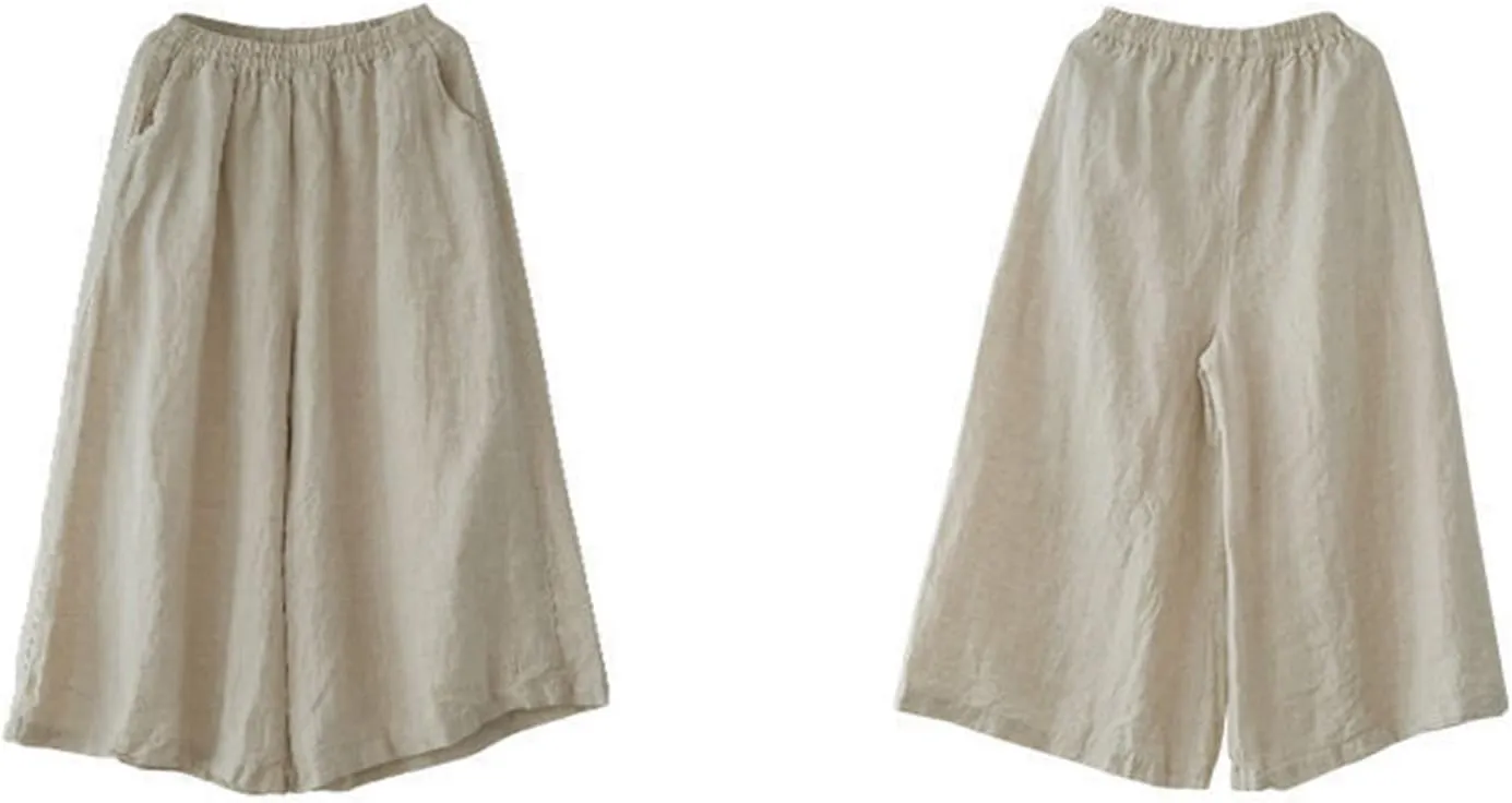 Ceboyel Wide Legged Pants for Women Cotton Linen Palazzo Trousers Boho Casual Capris Summer Crop Pants with Pockets