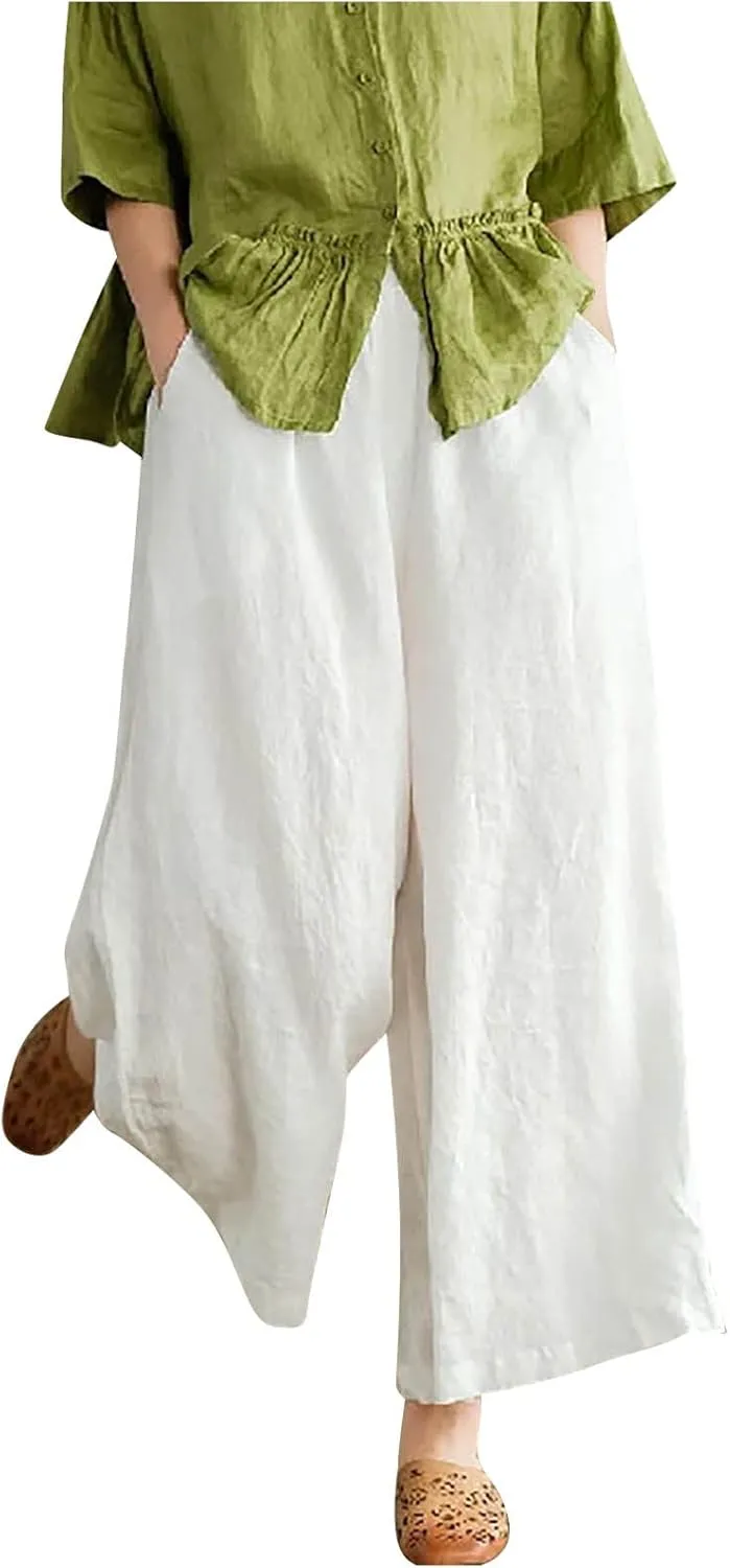 Ceboyel Wide Legged Pants for Women Cotton Linen Palazzo Trousers Boho Casual Capris Summer Crop Pants with Pockets