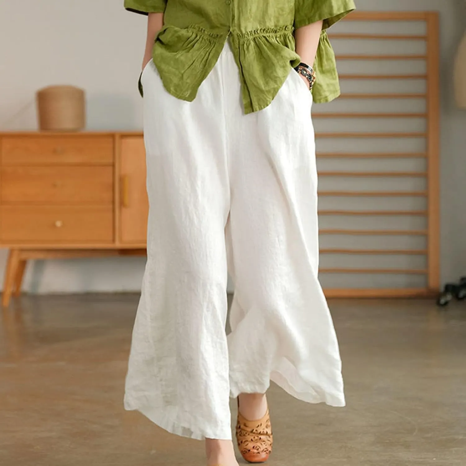 Ceboyel Wide Legged Pants for Women Cotton Linen Palazzo Trousers Boho Casual Capris Summer Crop Pants with Pockets