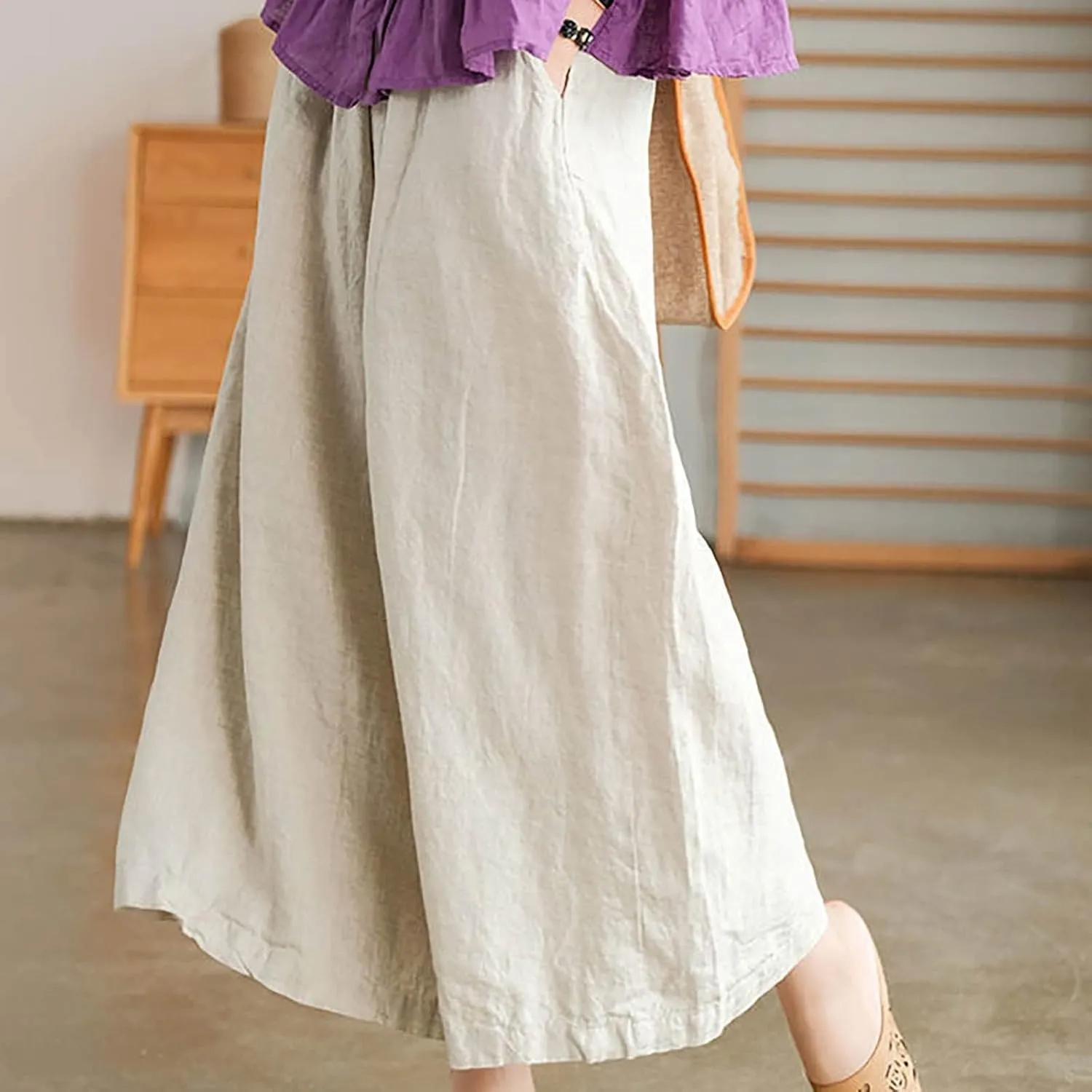Ceboyel Wide Legged Pants for Women Cotton Linen Palazzo Trousers Boho Casual Capris Summer Crop Pants with Pockets