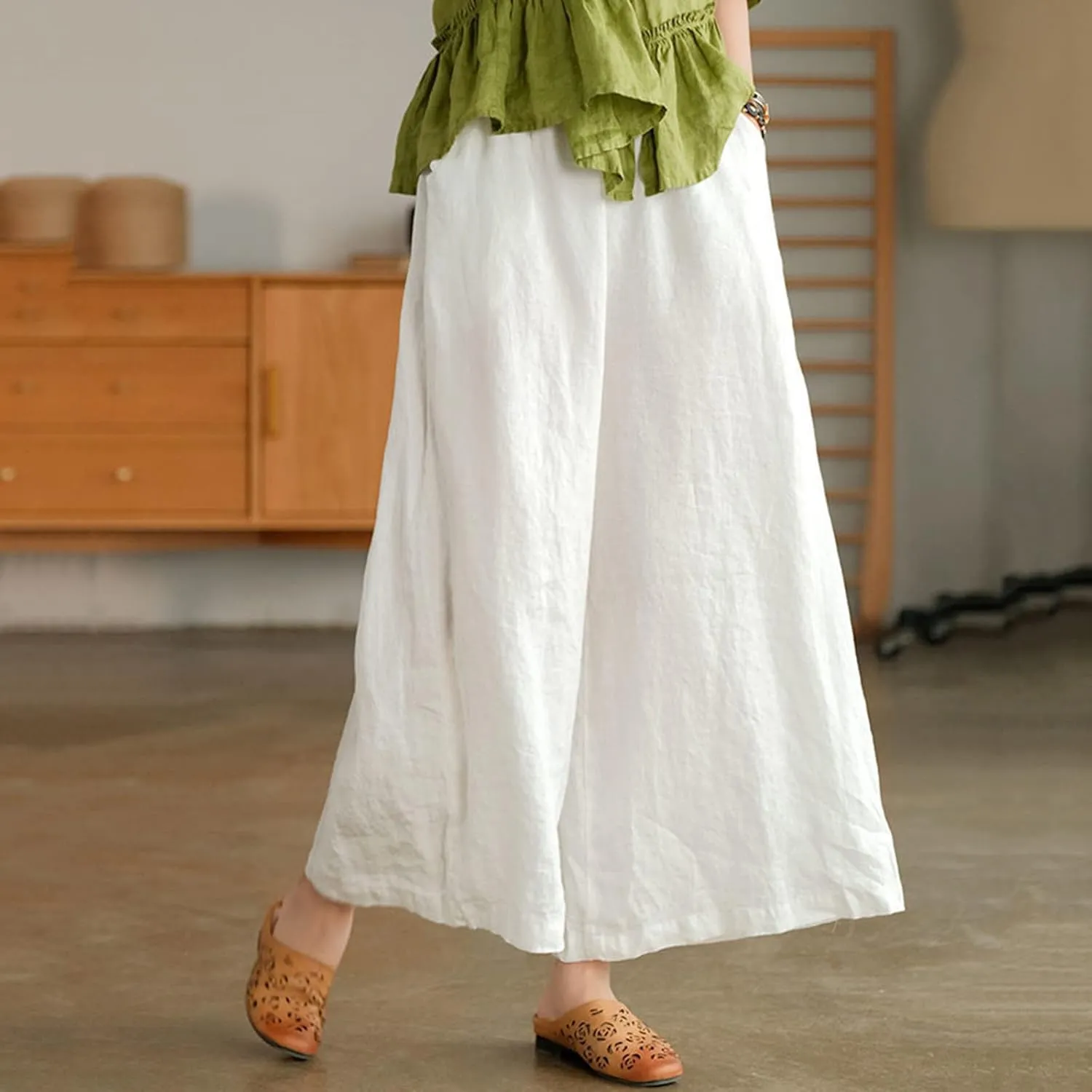 Ceboyel Wide Legged Pants for Women Cotton Linen Palazzo Trousers Boho Casual Capris Summer Crop Pants with Pockets