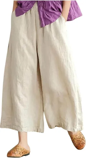 Ceboyel Wide Legged Pants for Women Cotton Linen Palazzo Trousers Boho Casual Capris Summer Crop Pants with Pockets