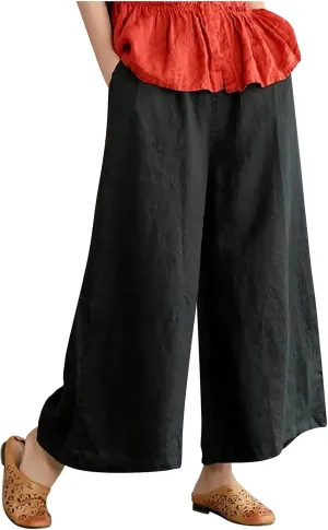 Ceboyel Wide Legged Pants for Women Cotton Linen Palazzo Trousers Boho Casual Capris Summer Crop Pants with Pockets