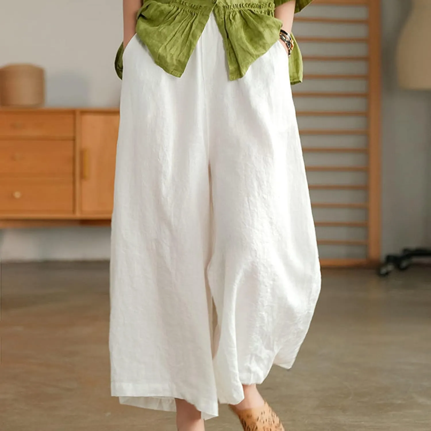 Ceboyel Wide Legged Pants for Women Cotton Linen Palazzo Trousers Boho Casual Capris Summer Crop Pants with Pockets