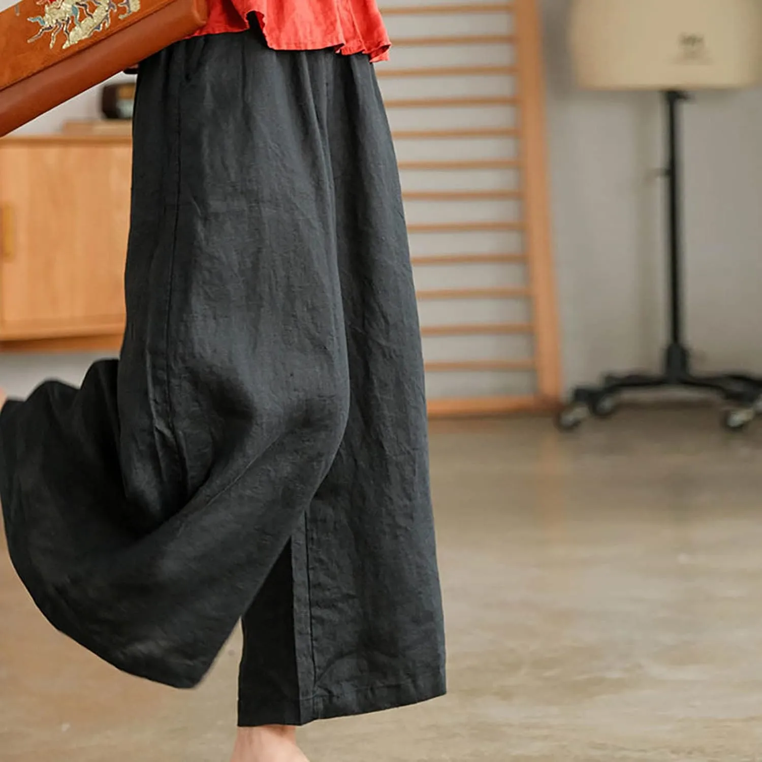 Ceboyel Wide Legged Pants for Women Cotton Linen Palazzo Trousers Boho Casual Capris Summer Crop Pants with Pockets