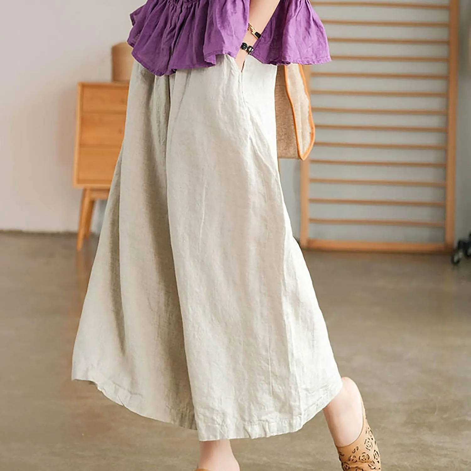 Ceboyel Wide Legged Pants for Women Cotton Linen Palazzo Trousers Boho Casual Capris Summer Crop Pants with Pockets