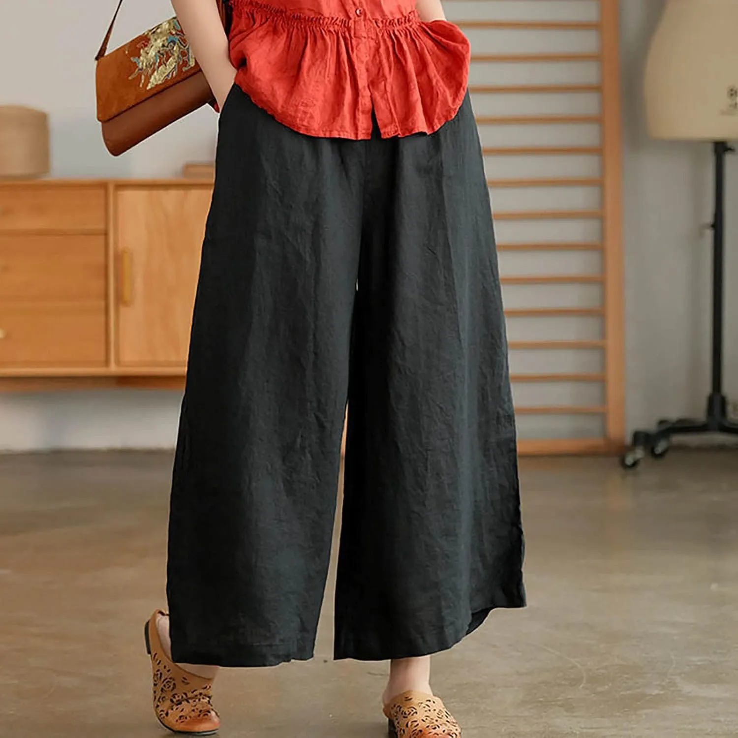 Ceboyel Wide Legged Pants for Women Cotton Linen Palazzo Trousers Boho Casual Capris Summer Crop Pants with Pockets