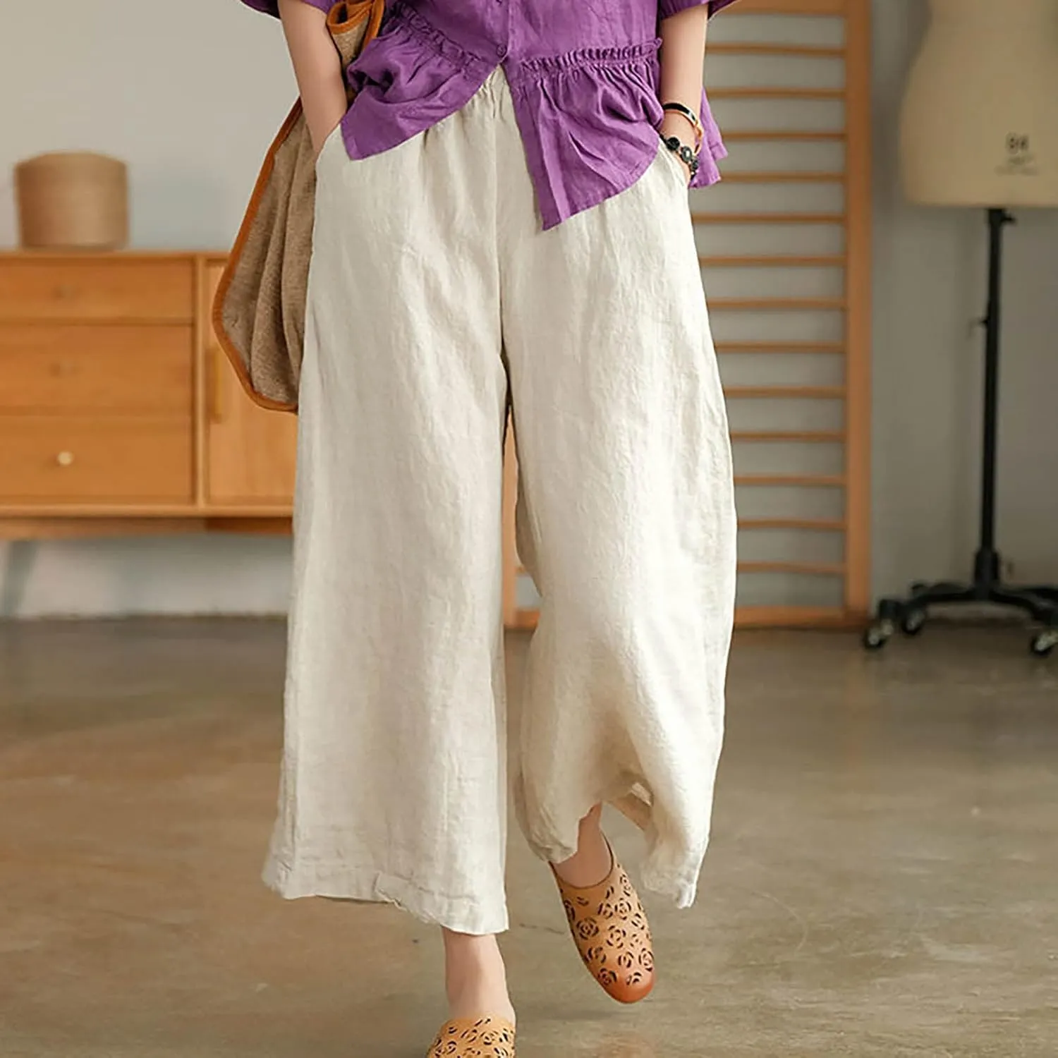 Ceboyel Wide Legged Pants for Women Cotton Linen Palazzo Trousers Boho Casual Capris Summer Crop Pants with Pockets