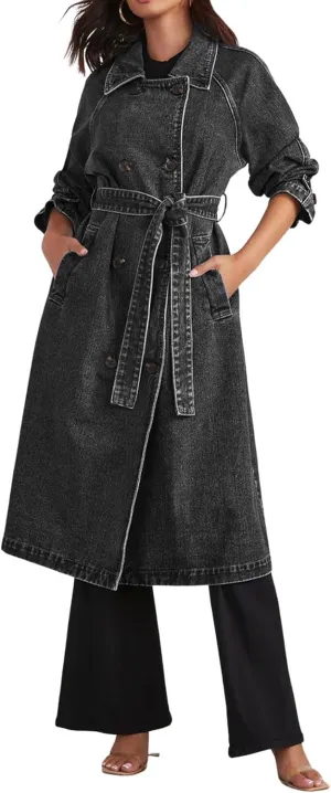CHARTOU Women's Casual Double Breasted Long Denim Trench Coat Jean Jacket Trenchcoat with Belt Duster Coat