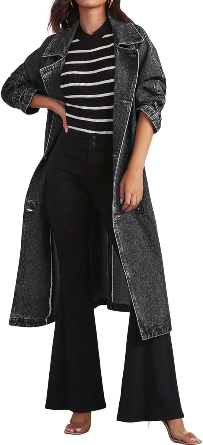 CHARTOU Women's Casual Double Breasted Long Denim Trench Coat Jean Jacket Trenchcoat with Belt Duster Coat
