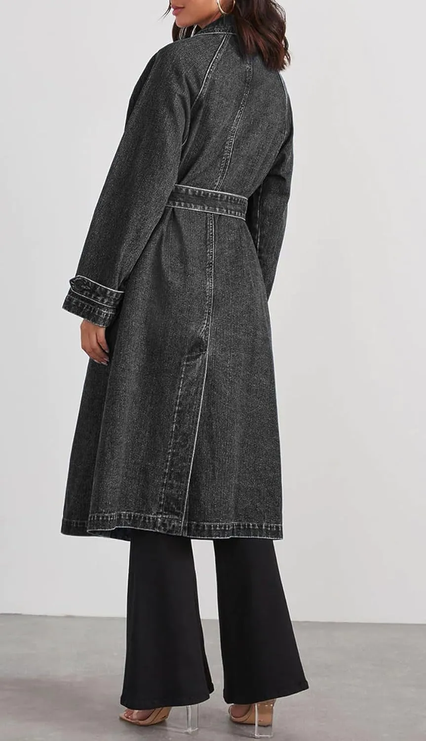 CHARTOU Women's Casual Double Breasted Long Denim Trench Coat Jean Jacket Trenchcoat with Belt Duster Coat