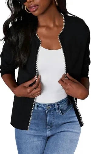 CiCiBird Women Lightweight Open Front Sweater Cardigan Pearls Trim Knit Jacket Trendy Long Sleeve Clothes Coatigan