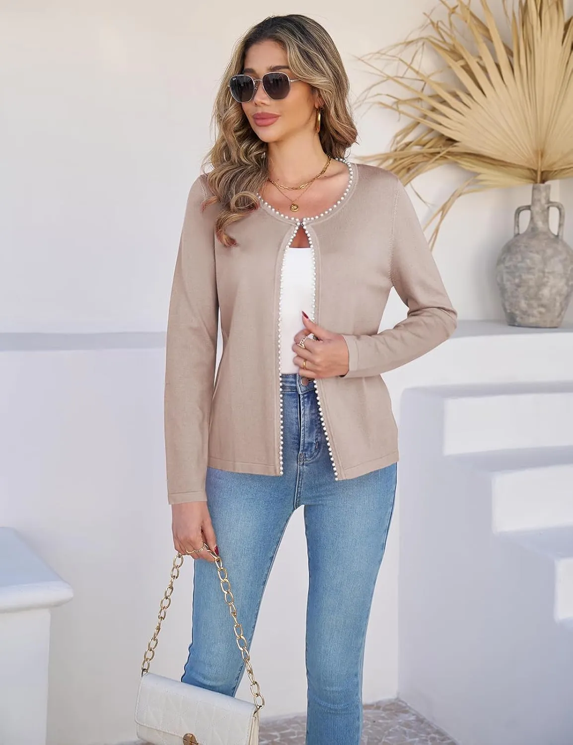 CiCiBird Women Lightweight Open Front Sweater Cardigan Pearls Trim Knit Jacket Trendy Long Sleeve Clothes Coatigan