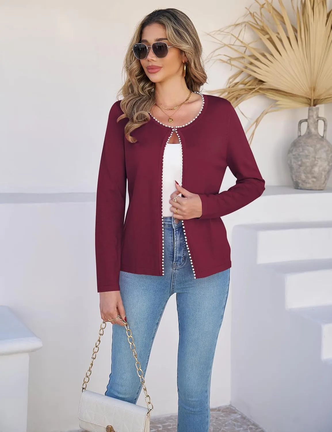 CiCiBird Women Lightweight Open Front Sweater Cardigan Pearls Trim Knit Jacket Trendy Long Sleeve Clothes Coatigan