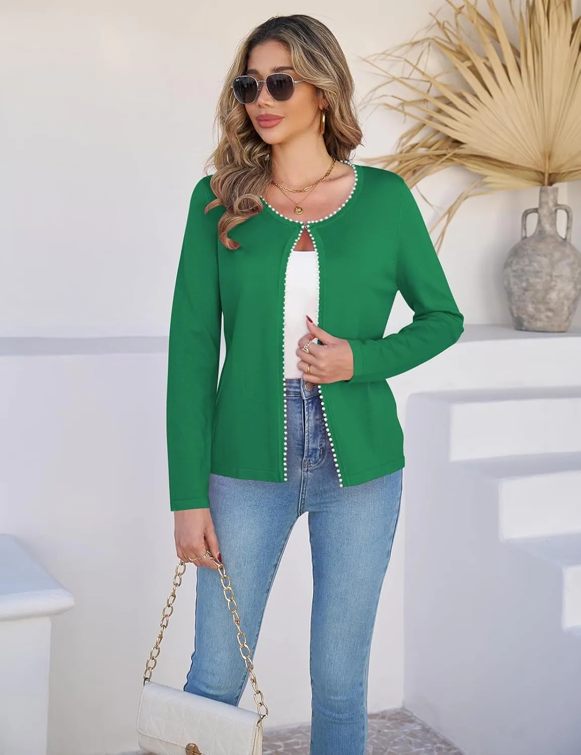 CiCiBird Women Lightweight Open Front Sweater Cardigan Pearls Trim Knit Jacket Trendy Long Sleeve Clothes Coatigan