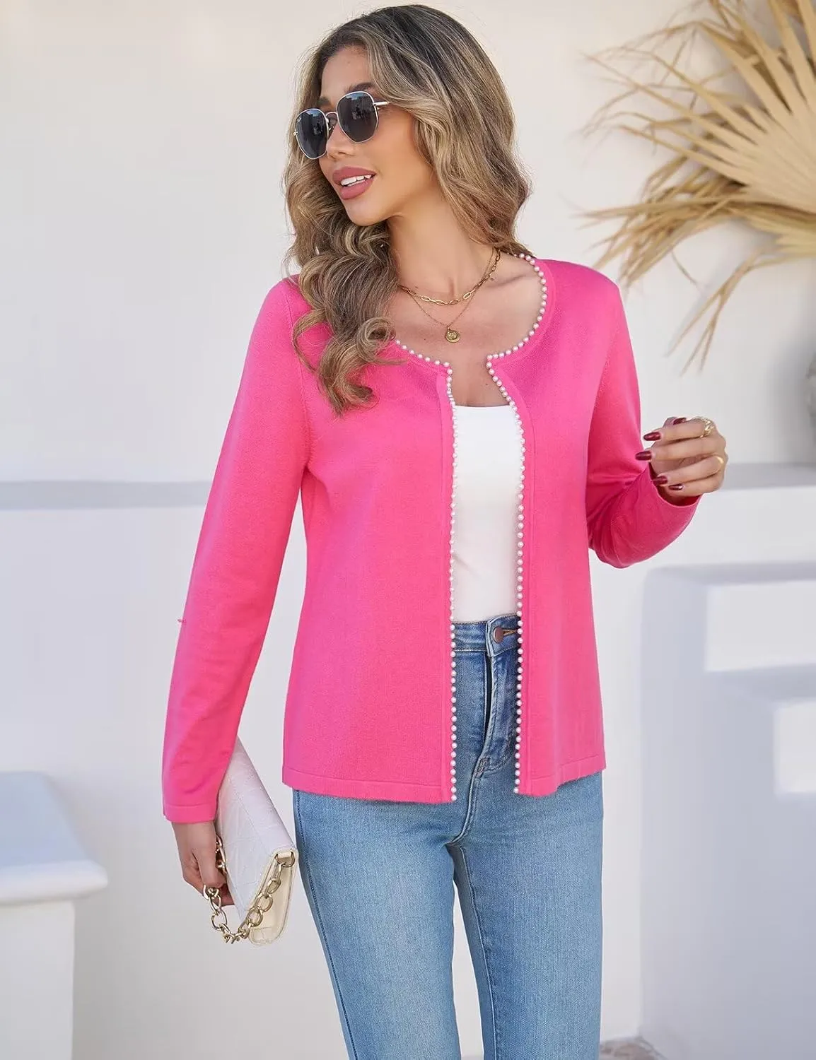 CiCiBird Women Lightweight Open Front Sweater Cardigan Pearls Trim Knit Jacket Trendy Long Sleeve Clothes Coatigan