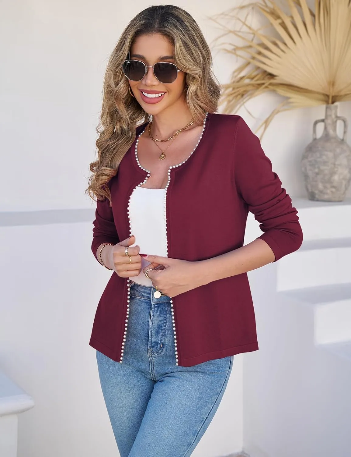 CiCiBird Women Lightweight Open Front Sweater Cardigan Pearls Trim Knit Jacket Trendy Long Sleeve Clothes Coatigan