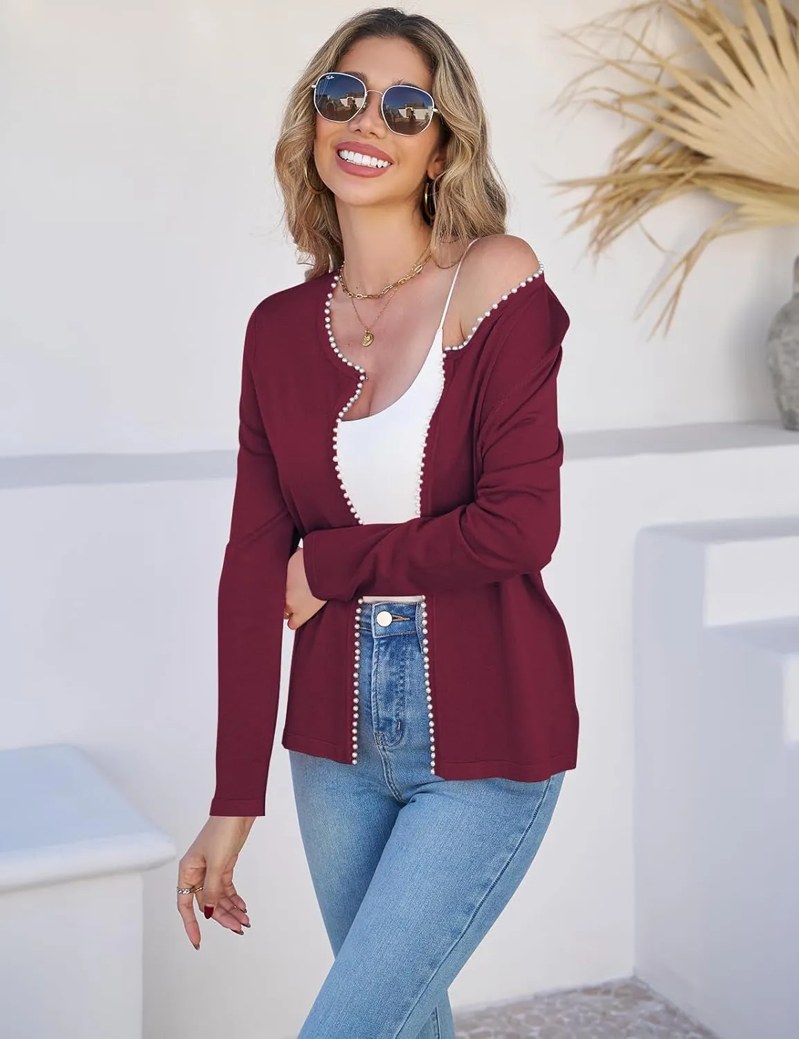 CiCiBird Women Lightweight Open Front Sweater Cardigan Pearls Trim Knit Jacket Trendy Long Sleeve Clothes Coatigan