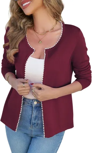 CiCiBird Women Lightweight Open Front Sweater Cardigan Pearls Trim Knit Jacket Trendy Long Sleeve Clothes Coatigan