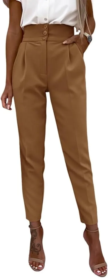 Cicy Bell Women Casual High Waisted Pants Straight Leg Work Office Dress Pants Fold Pleated Trousers with Pockets