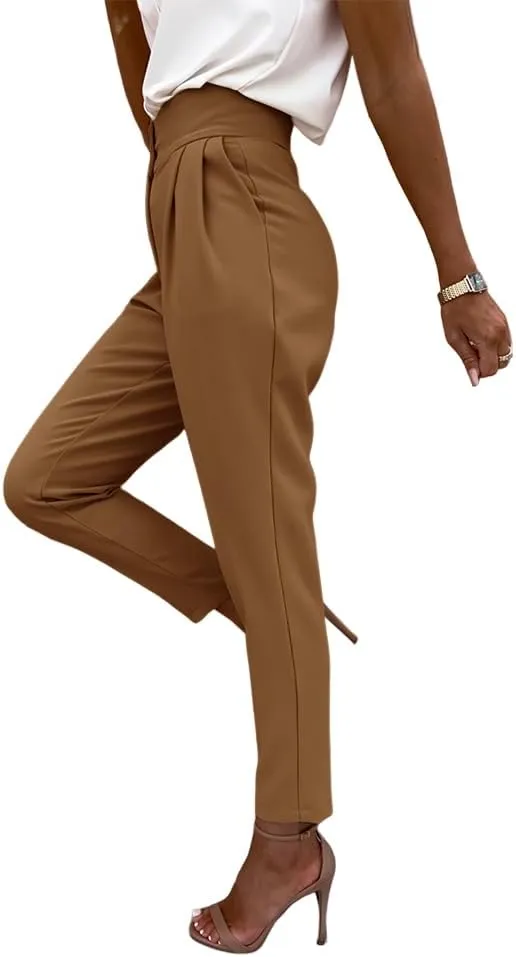 Cicy Bell Women Casual High Waisted Pants Straight Leg Work Office Dress Pants Fold Pleated Trousers with Pockets