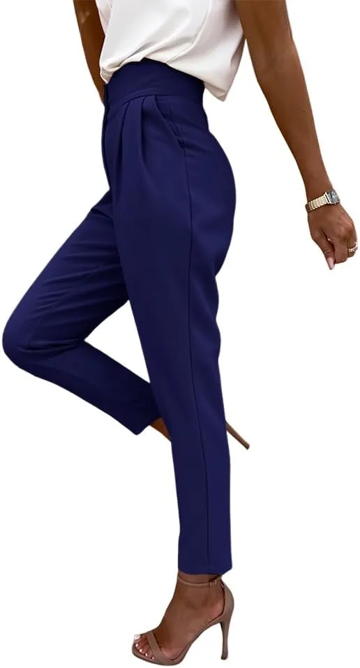Cicy Bell Women Casual High Waisted Pants Straight Leg Work Office Dress Pants Fold Pleated Trousers with Pockets