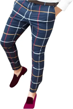Color Block Pants for Men Comfy Plaid Cotton Stretch Shaping Flat Front Casual Slim Fit Business Dress Tapered Chinos Trouser