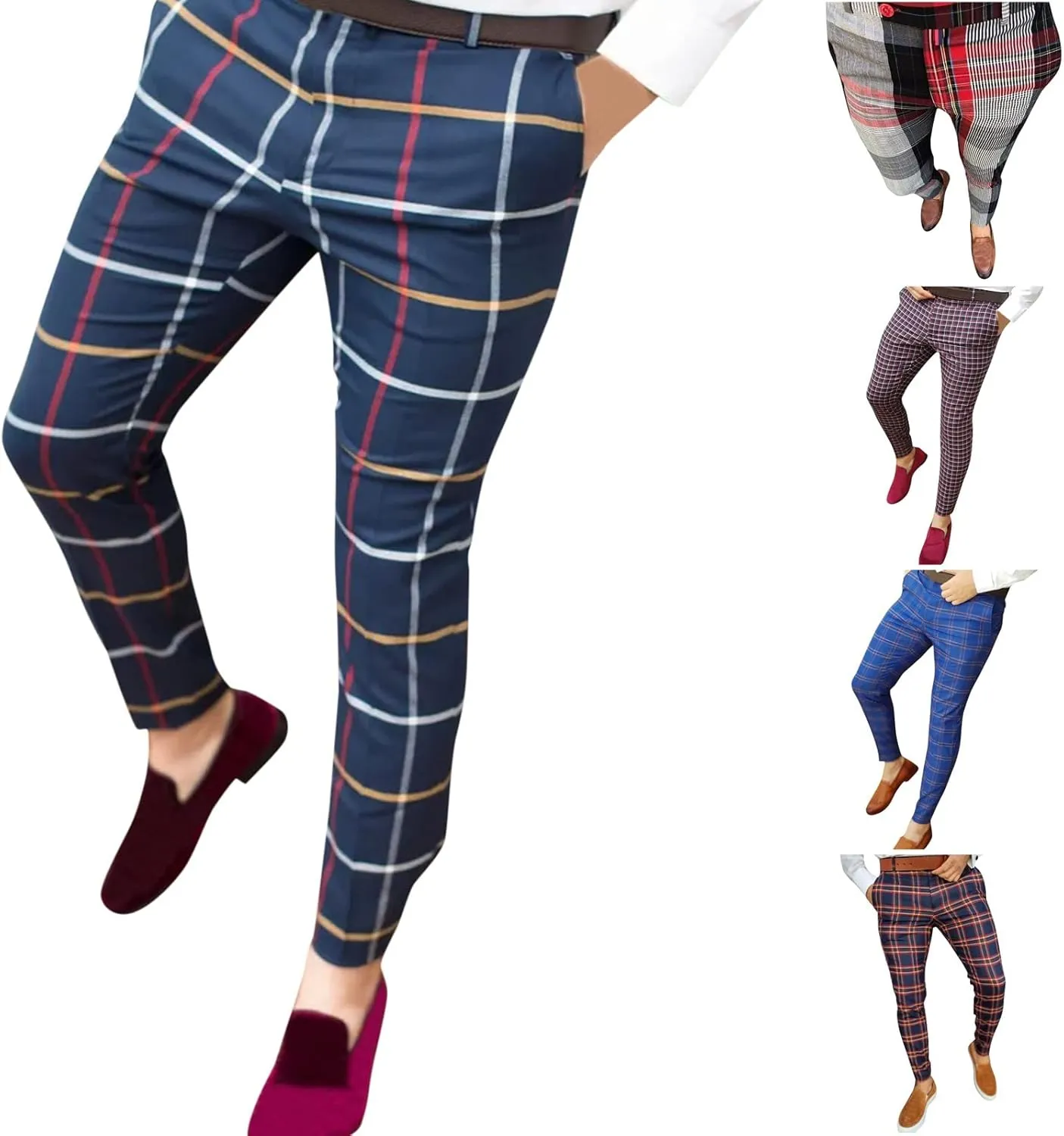 Color Block Pants for Men Comfy Plaid Cotton Stretch Shaping Flat Front Casual Slim Fit Business Dress Tapered Chinos Trouser