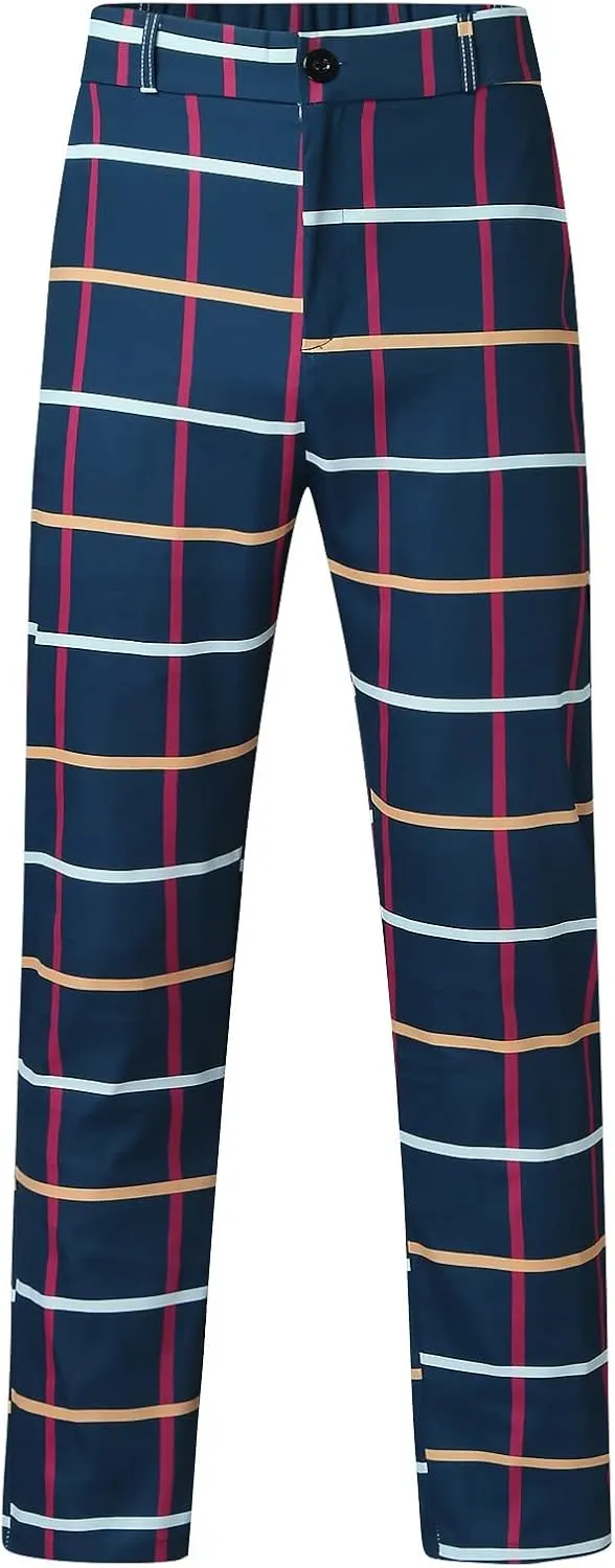 Color Block Pants for Men Comfy Plaid Cotton Stretch Shaping Flat Front Casual Slim Fit Business Dress Tapered Chinos Trouser