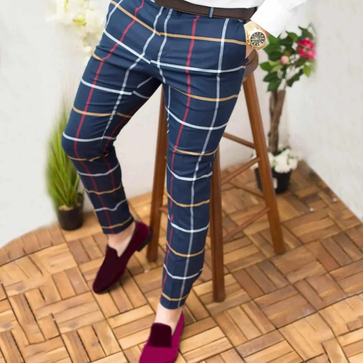 Color Block Pants for Men Comfy Plaid Cotton Stretch Shaping Flat Front Casual Slim Fit Business Dress Tapered Chinos Trouser