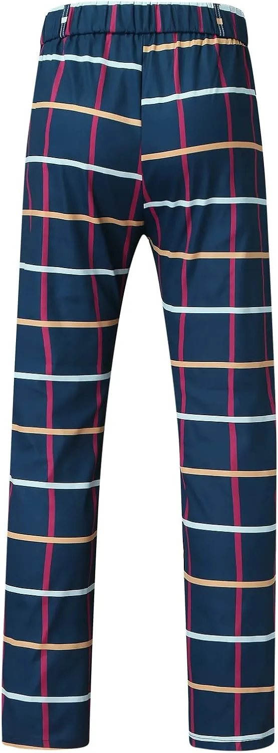 Color Block Pants for Men Comfy Plaid Cotton Stretch Shaping Flat Front Casual Slim Fit Business Dress Tapered Chinos Trouser
