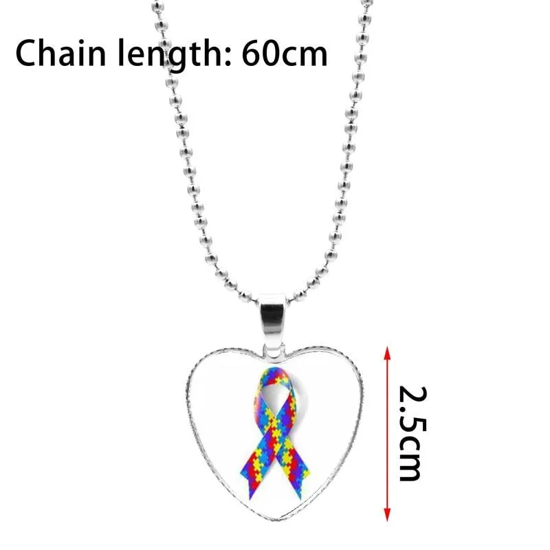 Colorful Jigsaw Puzzle Autism Awareness Hope Necklace Love Heart Shape Glass Cabochon Pendant Necklace Kids Autism Jewelry Gifts