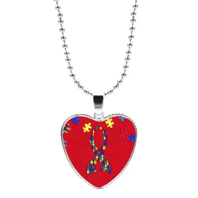 Colorful Jigsaw Puzzle Autism Awareness Hope Necklace Love Heart Shape Glass Cabochon Pendant Necklace Kids Autism Jewelry Gifts