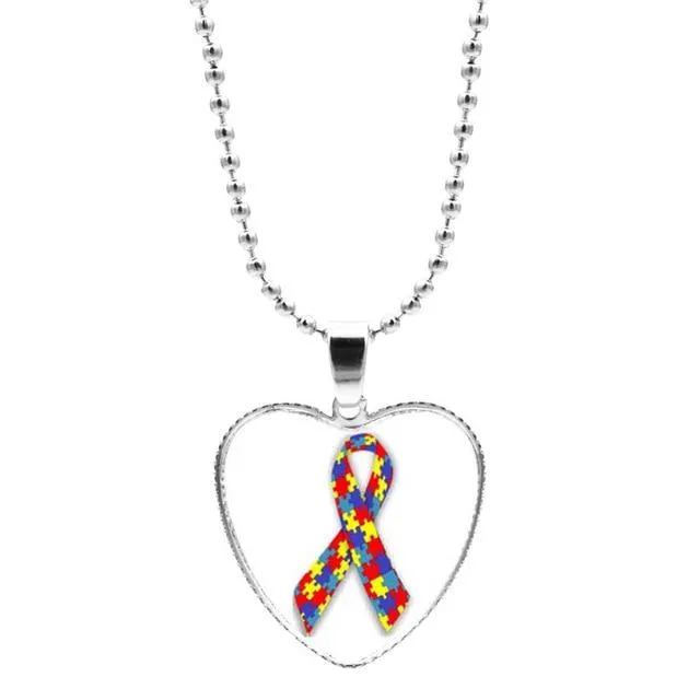 Colorful Jigsaw Puzzle Autism Awareness Hope Necklace Love Heart Shape Glass Cabochon Pendant Necklace Kids Autism Jewelry Gifts
