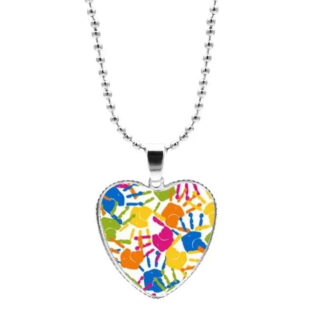 Colorful Jigsaw Puzzle Autism Awareness Hope Necklace Love Heart Shape Glass Cabochon Pendant Necklace Kids Autism Jewelry Gifts
