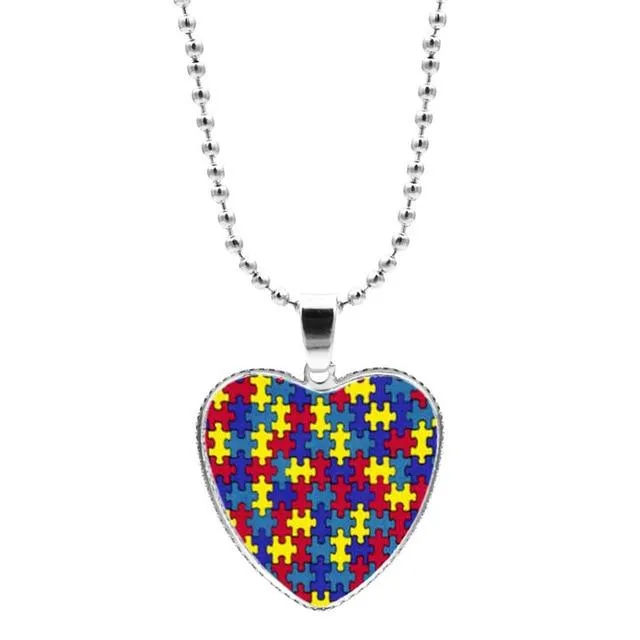 Colorful Jigsaw Puzzle Autism Awareness Hope Necklace Love Heart Shape Glass Cabochon Pendant Necklace Kids Autism Jewelry Gifts