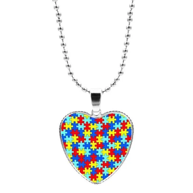 Colorful Jigsaw Puzzle Autism Awareness Hope Necklace Love Heart Shape Glass Cabochon Pendant Necklace Kids Autism Jewelry Gifts