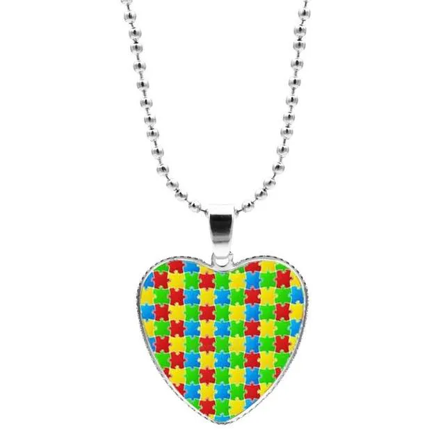 Colorful Jigsaw Puzzle Autism Awareness Hope Necklace Love Heart Shape Glass Cabochon Pendant Necklace Kids Autism Jewelry Gifts