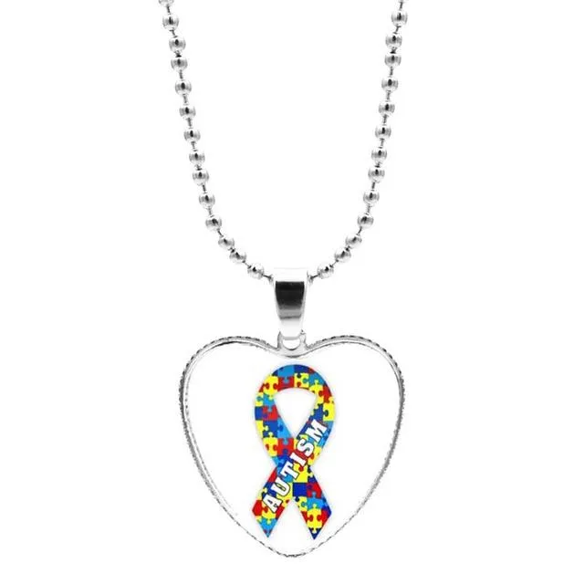 Colorful Jigsaw Puzzle Autism Awareness Hope Necklace Love Heart Shape Glass Cabochon Pendant Necklace Kids Autism Jewelry Gifts