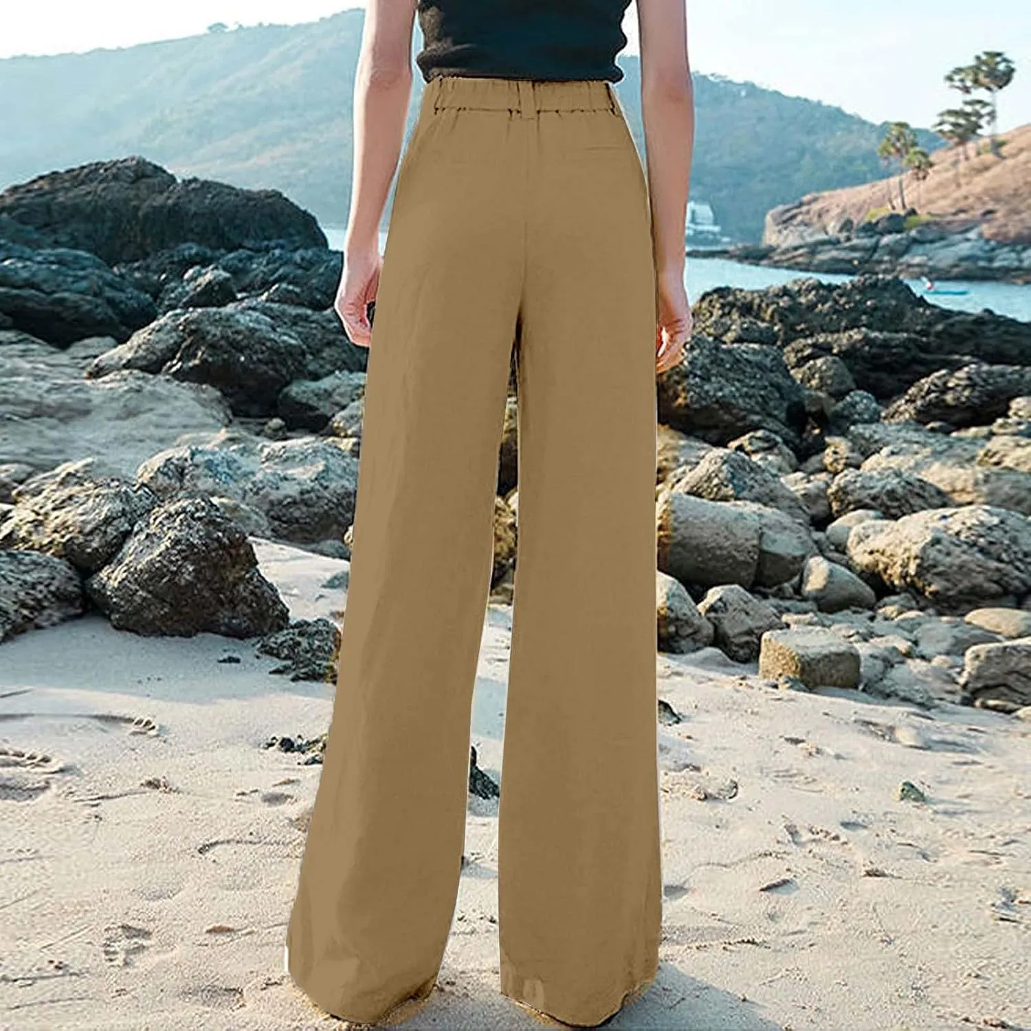 Comfy Wide Leg Cropped Pants for Women, Soft Cotton Linen Lounge Trousers, Elastic Waist Summer Casual Wear