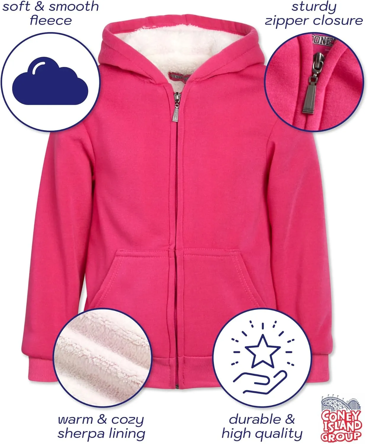 Coney Island Girls Sweatshirt - Cozy Warm Sherpa Lined Soft Fleece Zip Up Hoodie Sweatshirt for Girls (Sizes Run Small: 4-16)