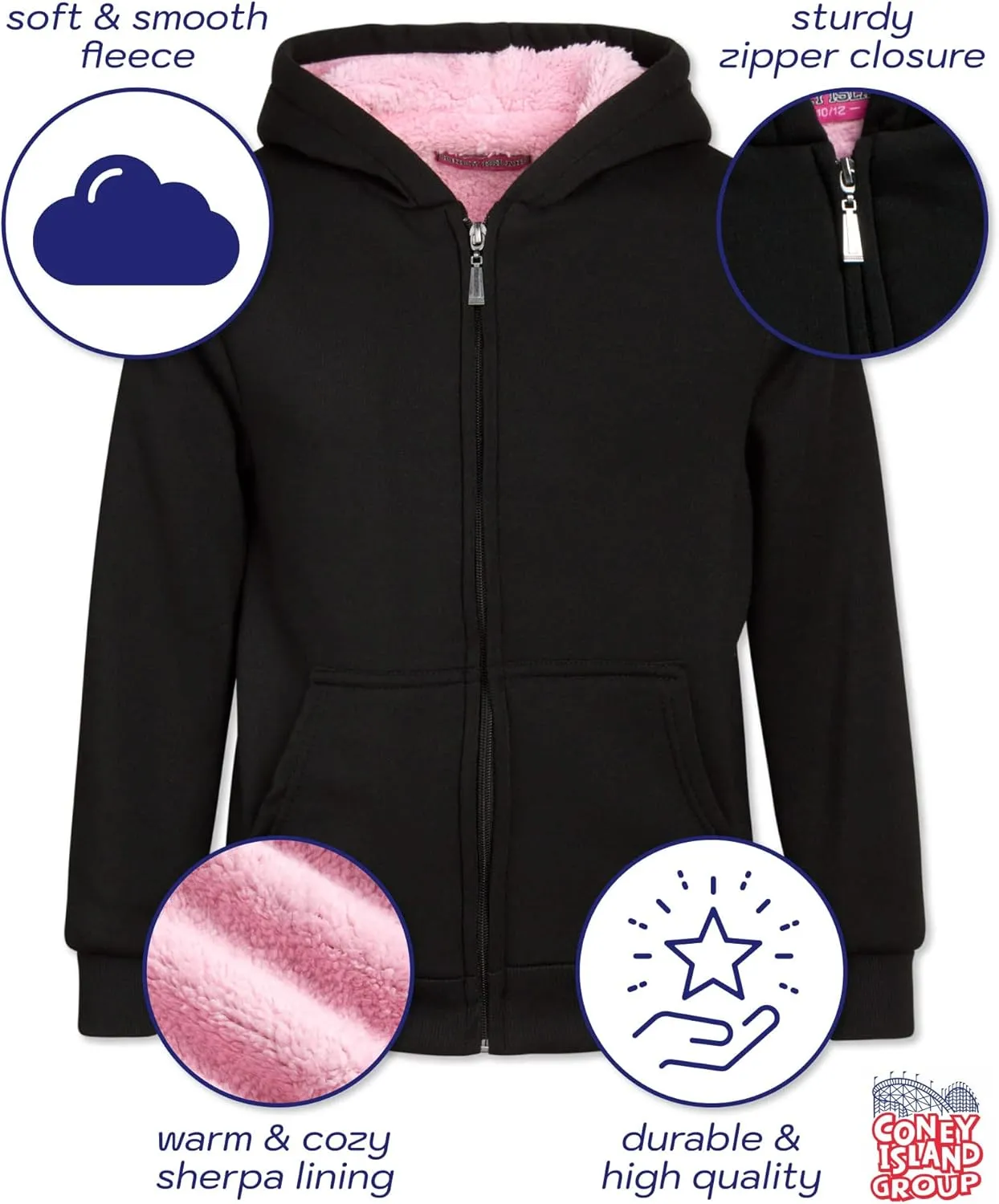 Coney Island Girls Sweatshirt - Cozy Warm Sherpa Lined Soft Fleece Zip Up Hoodie Sweatshirt for Girls (Sizes Run Small: 4-16)