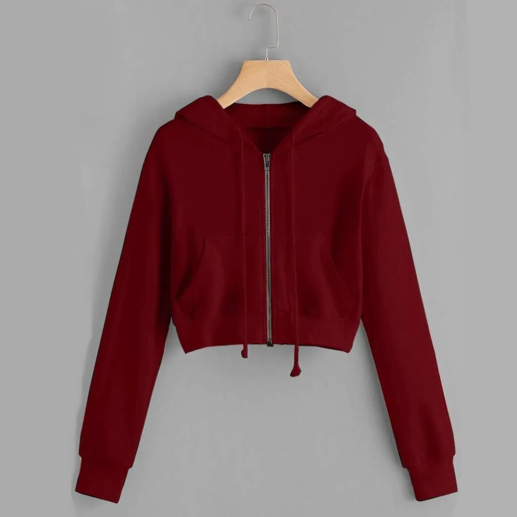 cooki Cropped Hoodies for Teen Girls Hoodies for Women Long Sleeve Solid Sweatshirts with Pockets Casual Crop Pullover Hoodie