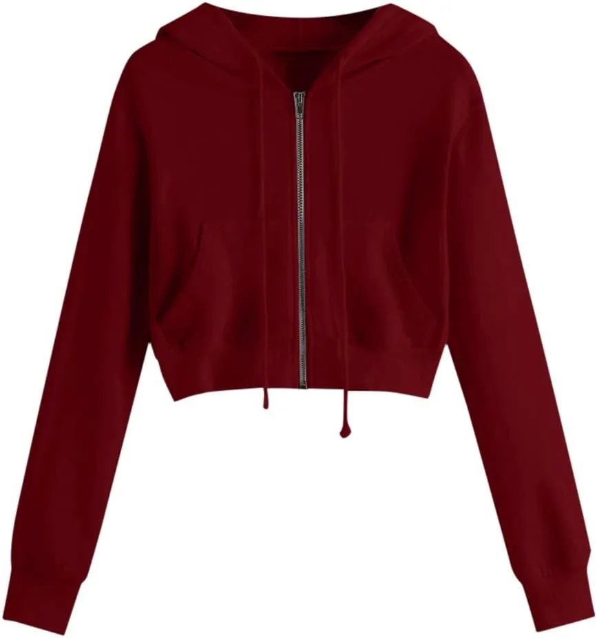 cooki Cropped Hoodies for Teen Girls Hoodies for Women Long Sleeve Solid Sweatshirts with Pockets Casual Crop Pullover Hoodie