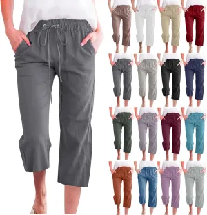 Cotton Linen Capri Pants for Women 2025 Casual Summer Drawstring Elastic Waist Wide Leg Cropped Trousers with Pockets