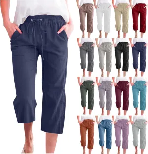 Cotton Linen Capri Pants for Women 2025 Casual Summer Drawstring Elastic Waist Wide Leg Cropped Trousers with Pockets