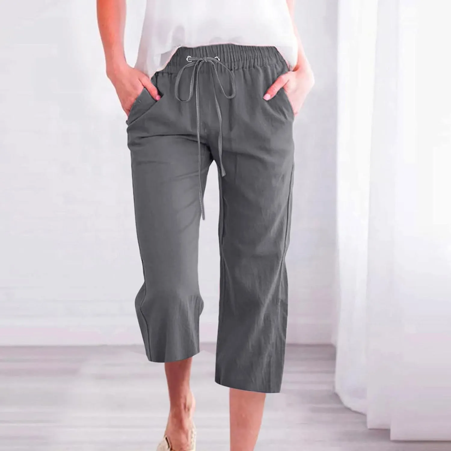 Cotton Linen Capri Pants for Women 2025 Casual Summer Drawstring Elastic Waist Wide Leg Cropped Trousers with Pockets