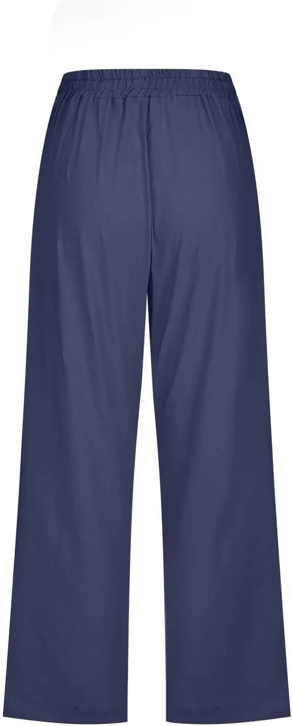 Cotton Linen Capri Pants for Women 2025 Casual Summer Drawstring Elastic Waist Wide Leg Cropped Trousers with Pockets